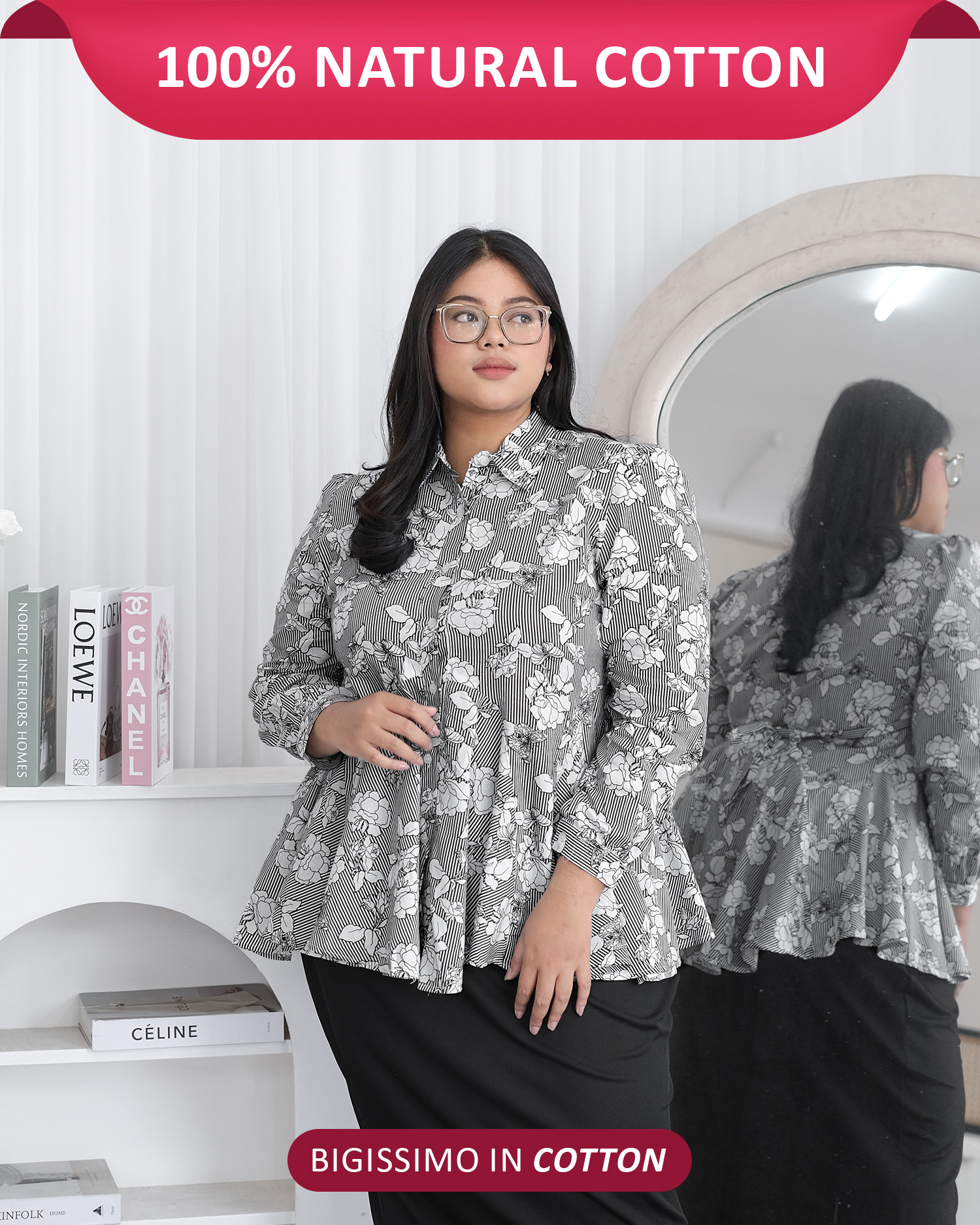 Bigissimo In Cotton – Magnolia Top Blouse | Atasan Wanita Top Blouse Katun Stripe Floral Big Size Jumbo